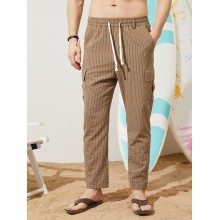 Men Pinstriped Utility Flat Pocket Ankle Length Drawstring Long Pants