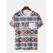 Mens Colorful Geometric Print Chest Pocket Ethnic Short Sleeve T  Shirts