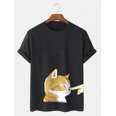 Mens Cute Cat Graphic Crew Neck Cotton Short Sleeve T  Shirts