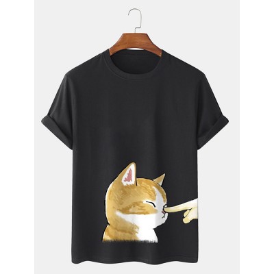 Mens Cute Cat Graphic Crew Neck Cotton Short Sleeve T  Shirts