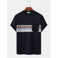 Mens Chevron Pattern Stitching Crew Neck Ethnic Short Sleeve T  Shirts